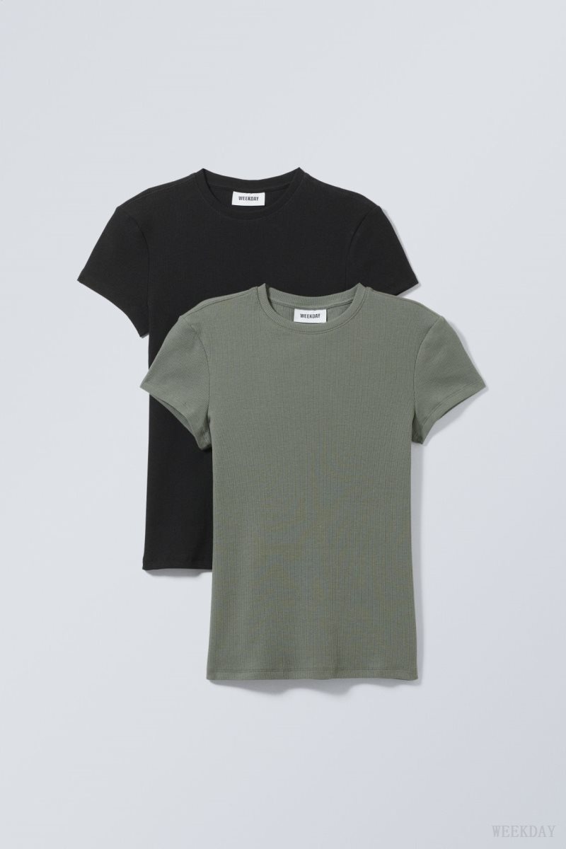 Weekday 2-pack Close Fitted Rib T-shirt Black / Khaki | KURA4897