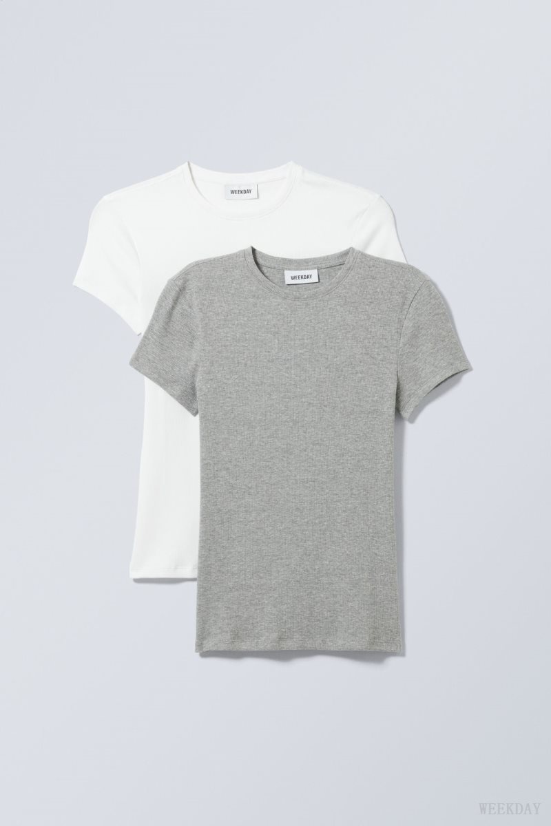 Weekday 2-pack Close Fitted Rib T-shirt White Grey | KDIN8470