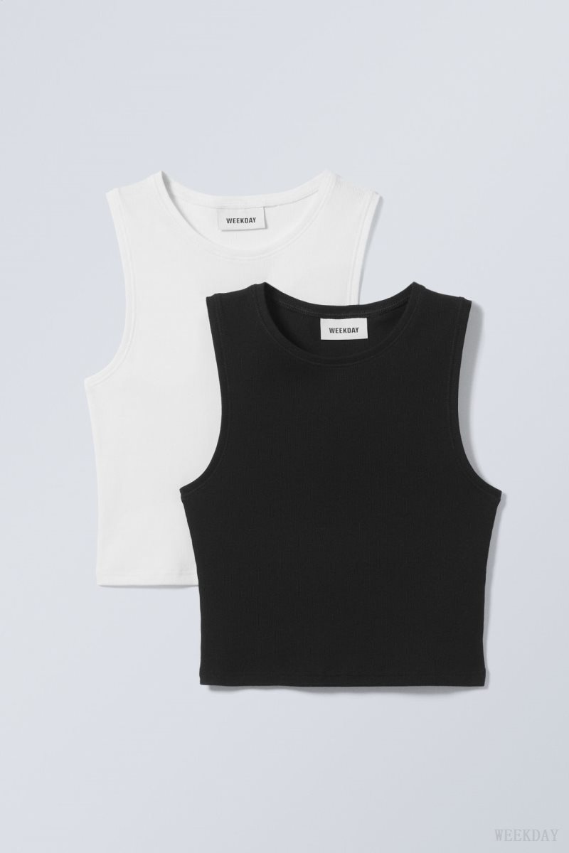 Weekday 2-pack Pure Crop Tank Top Black White | BQIU8734