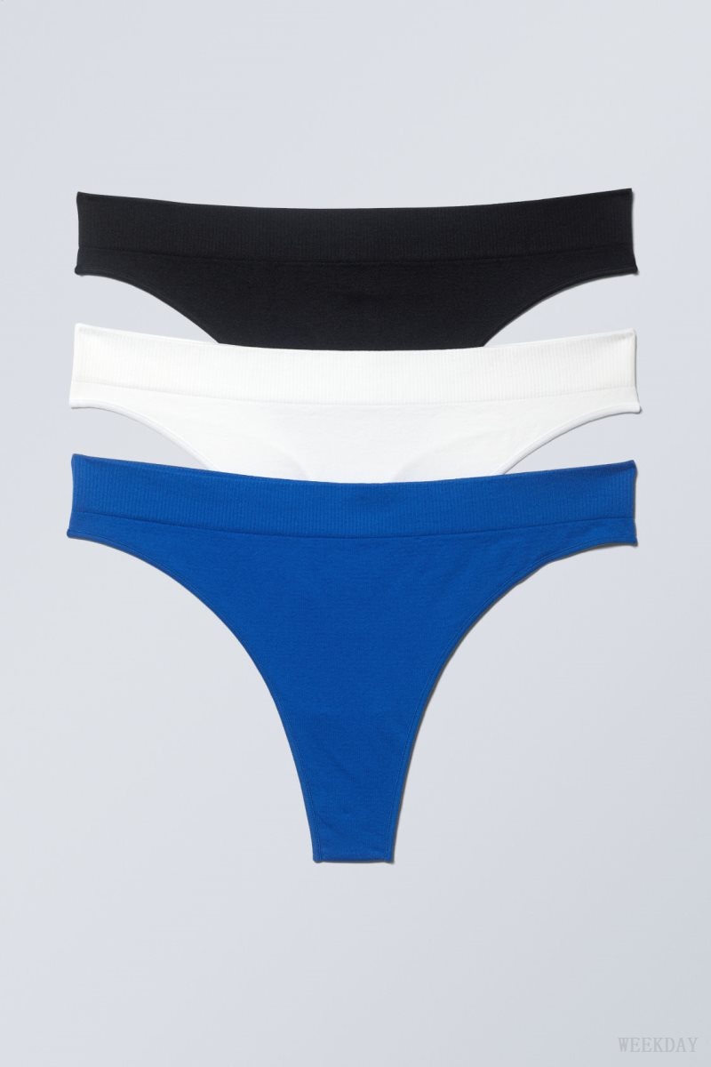 Weekday 3-pack Cat Soft Thong Thong Black White Blue | JOOX1102