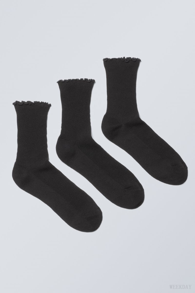 Weekday 3-pack Frill Edge Socks Black | GHOE3857