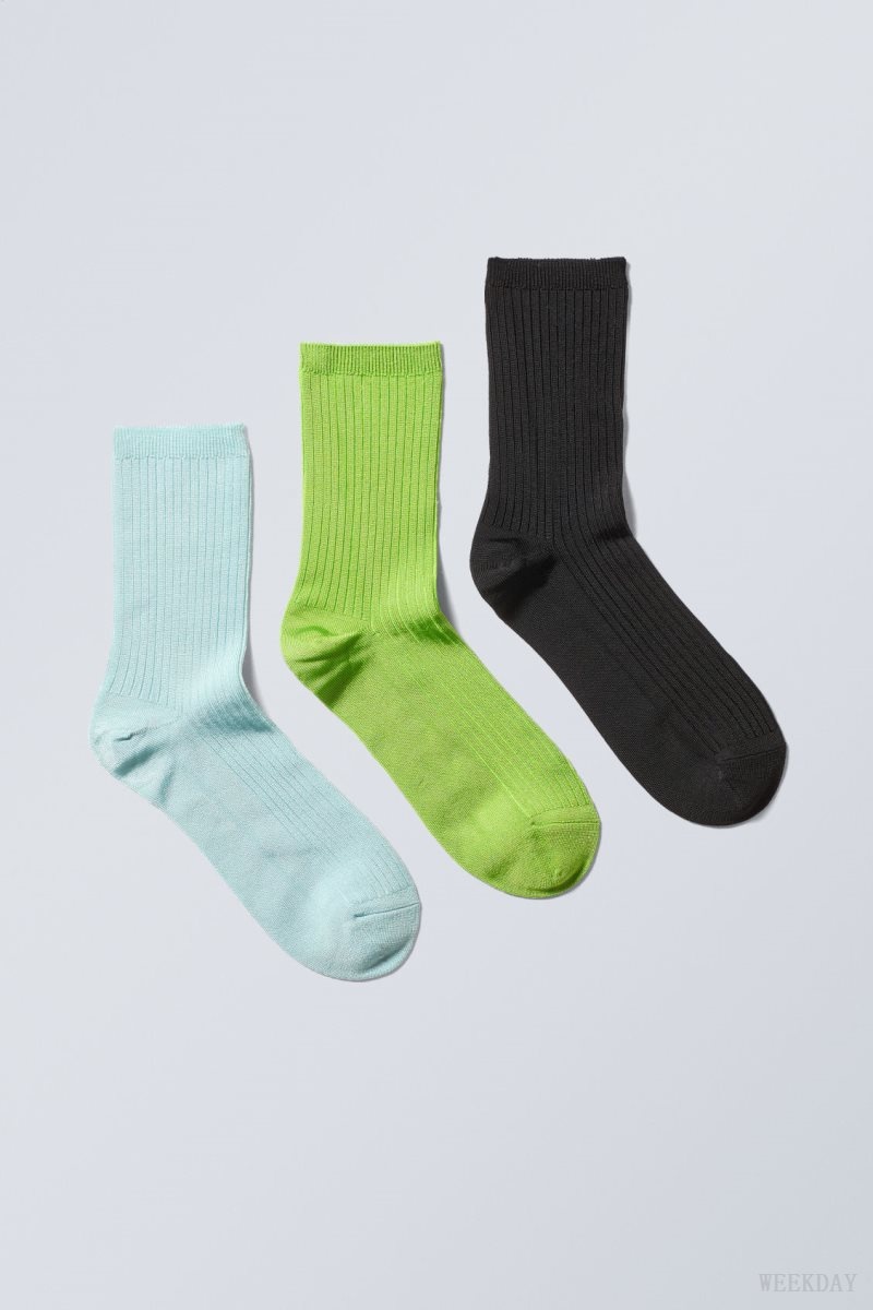 Weekday 3-pack Lova Shiny Socks Blue Green Black | UHWV6609