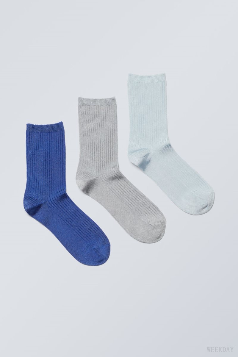 Weekday 3-pack Lova Shiny Socks Blue Grey | MWHR0094