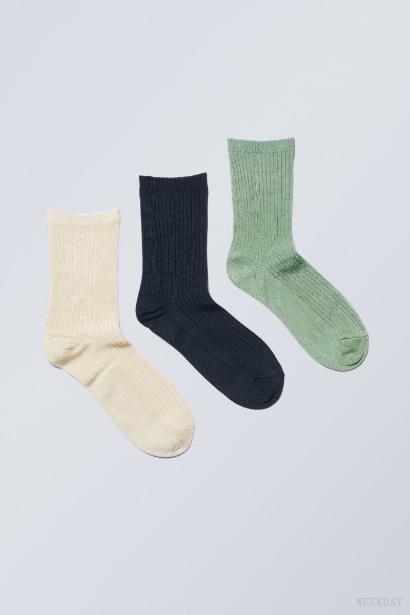 Weekday 3-pack Lova Shiny Socks Cream Navy Green | RHZZ3284