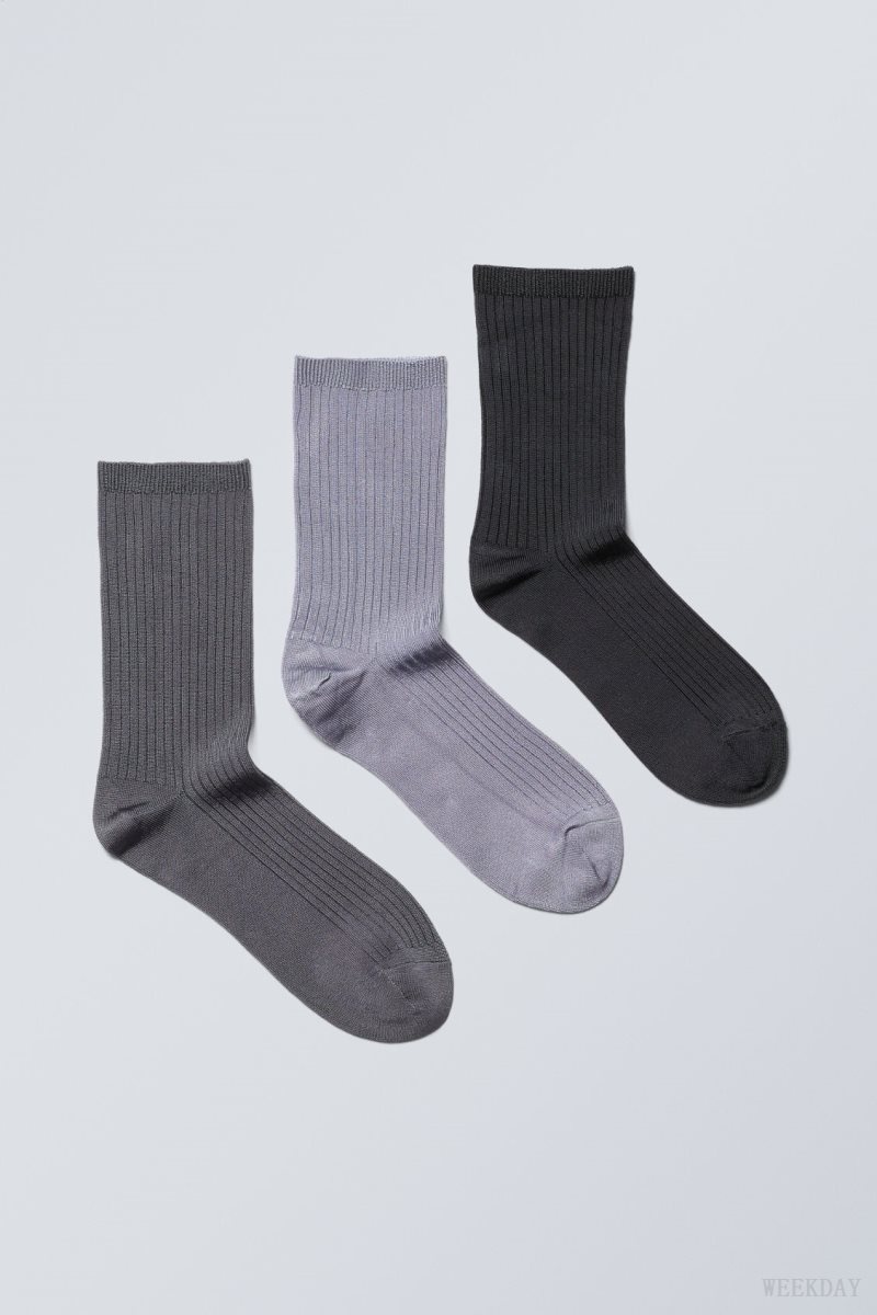 Weekday 3-pack Lova Shiny Socks Dark Grey / Light Grey / Black | JZUP4914