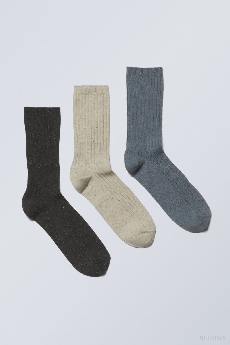 Weekday 3-pack Rib Neps Socks Black Beige Blue | VCDI5897