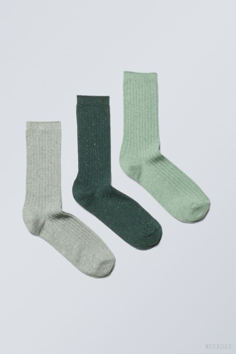 Weekday 3-pack Rib Neps Socks Green | CBZQ0466