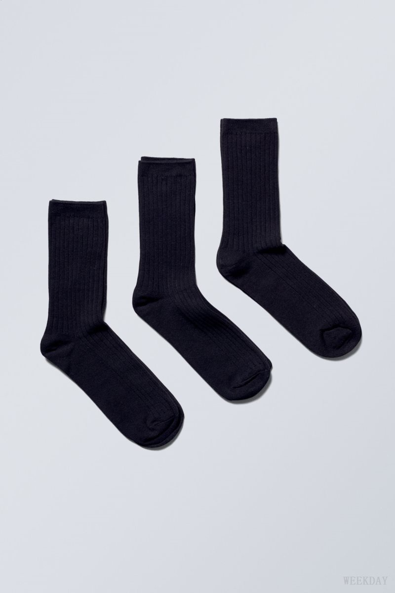 Weekday 3-pack Rib Socks Black | HPOC4952