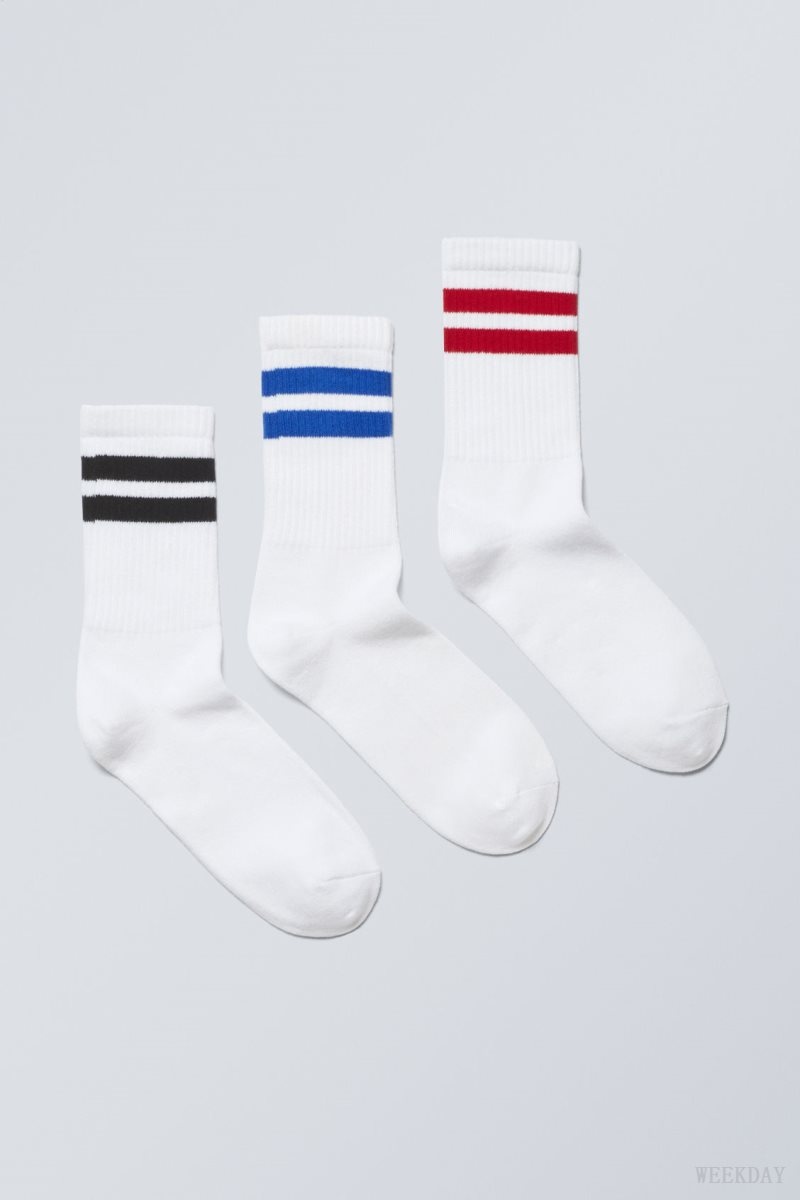 Weekday 3-pack Sport Striped Socks Blue Black Red Stripes | LOWO9165