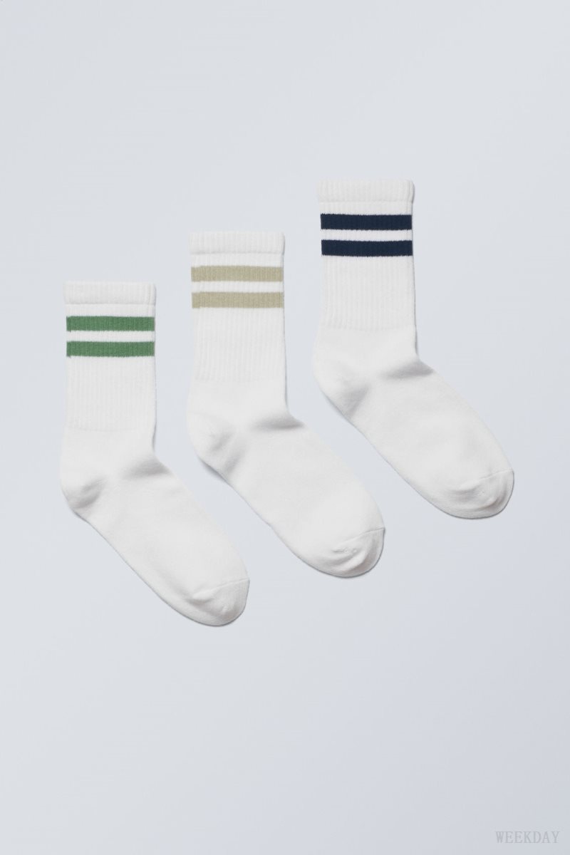 Weekday 3-pack Sport Striped Socks Green Khaki Black Stripes | MOQY9795