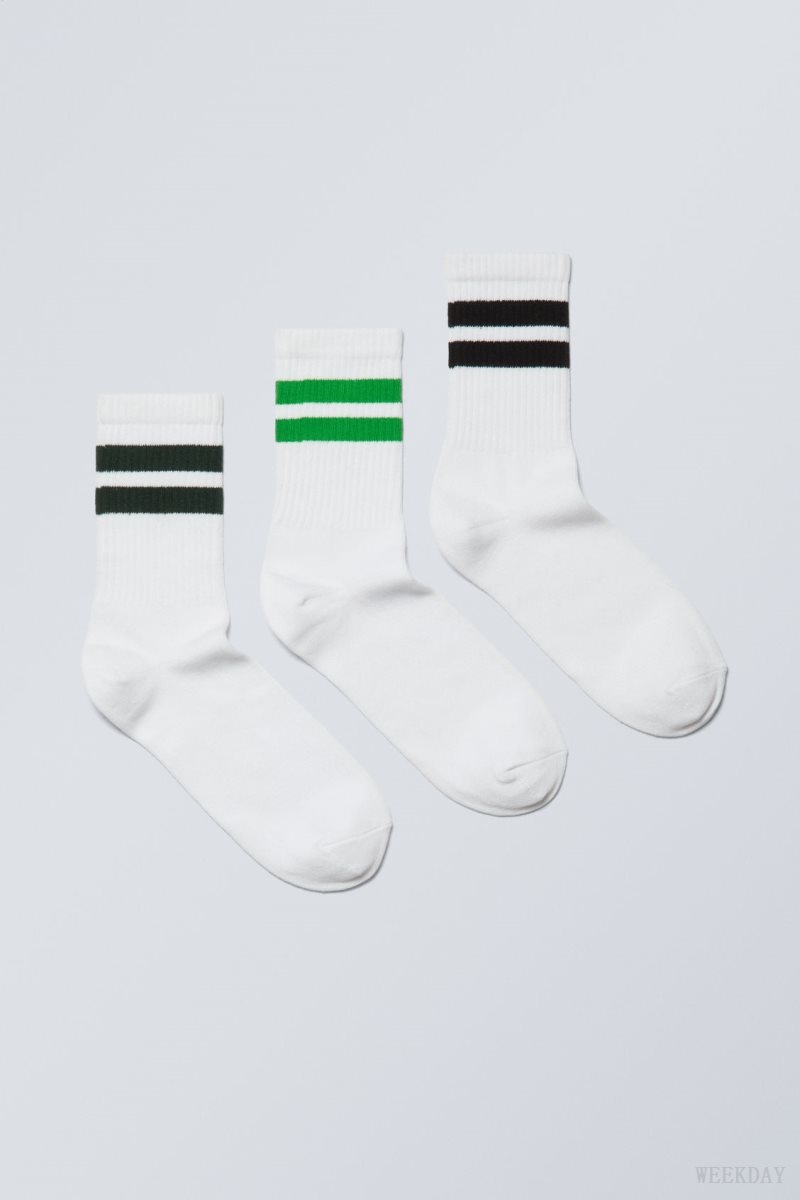 Weekday 3-pack Striped Sport Socks Green Black Stripes | OLGI0203