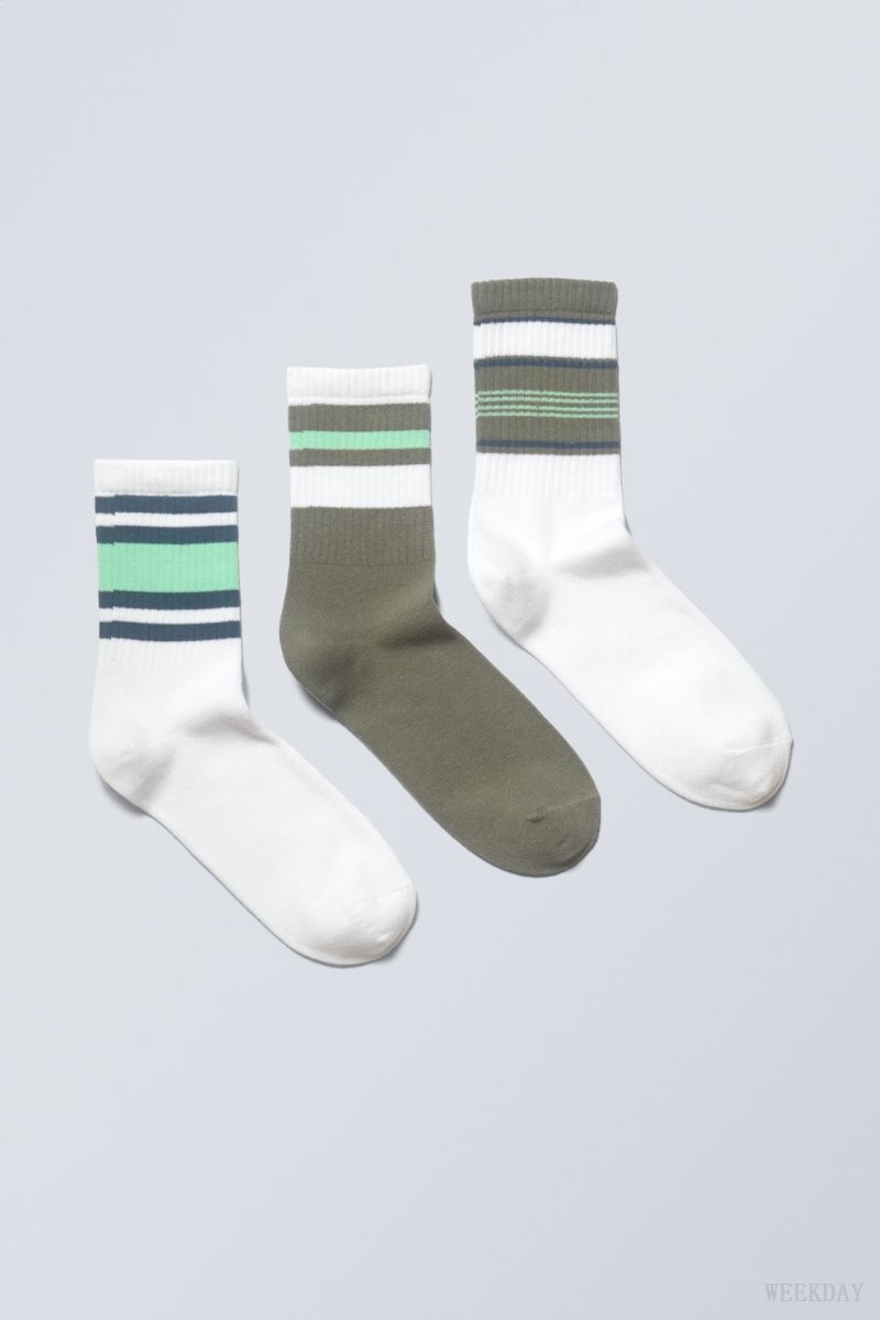 Weekday 3-pack Striped Sport Socks Green Stripes | UZCW1202