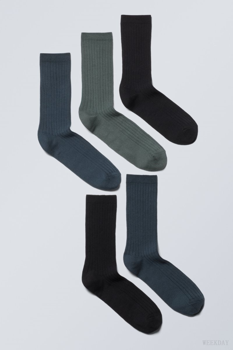 Weekday 5-pack Rib Socks Dark Grey Blue Green | GFDW6783