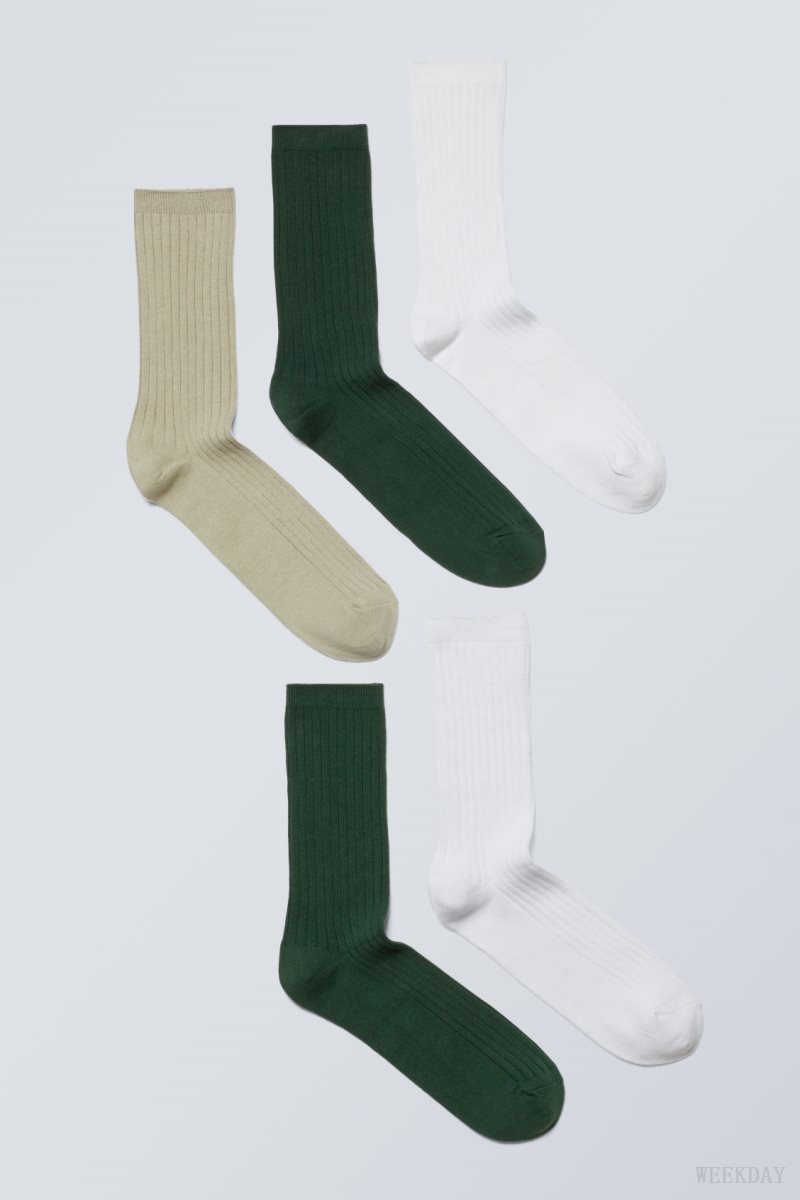 Weekday 5-pack Rib Socks Green | MRLU7690