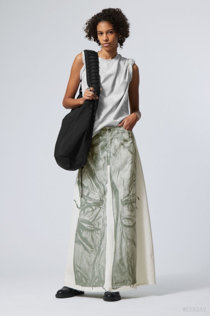 Weekday Anaheim Denim Long Print Skirt White | UVRI8858