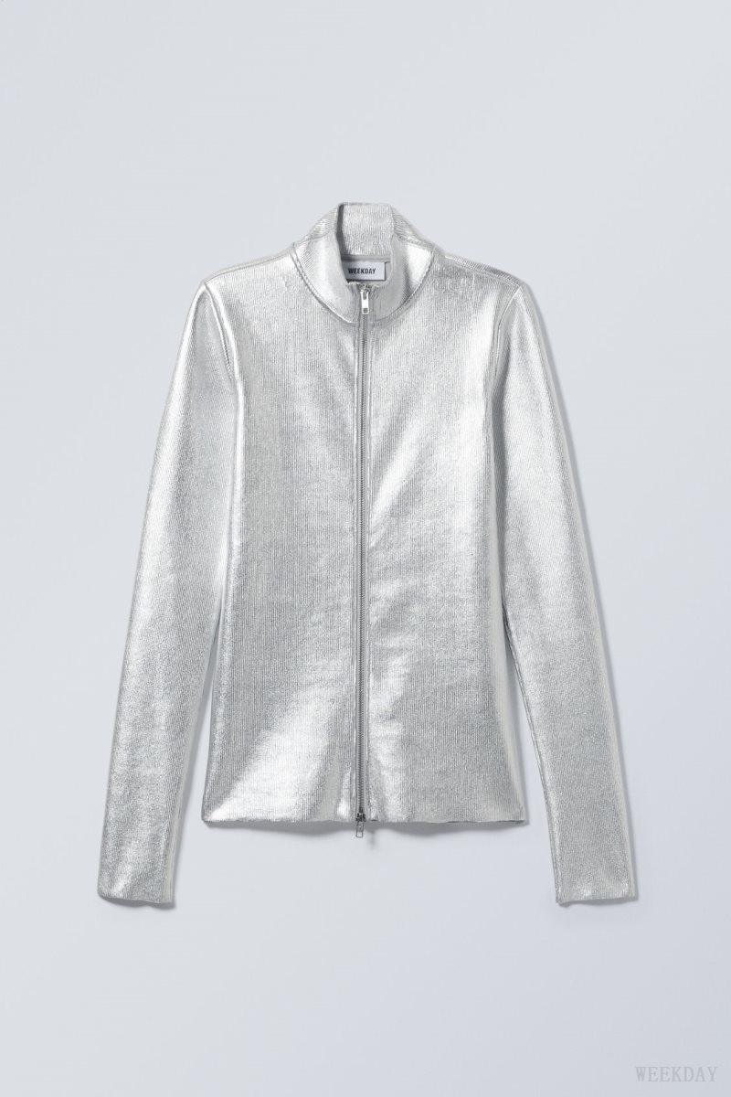 Weekday Angie Silver Coated Longsleeve Cardigan Silver | NWLG2516