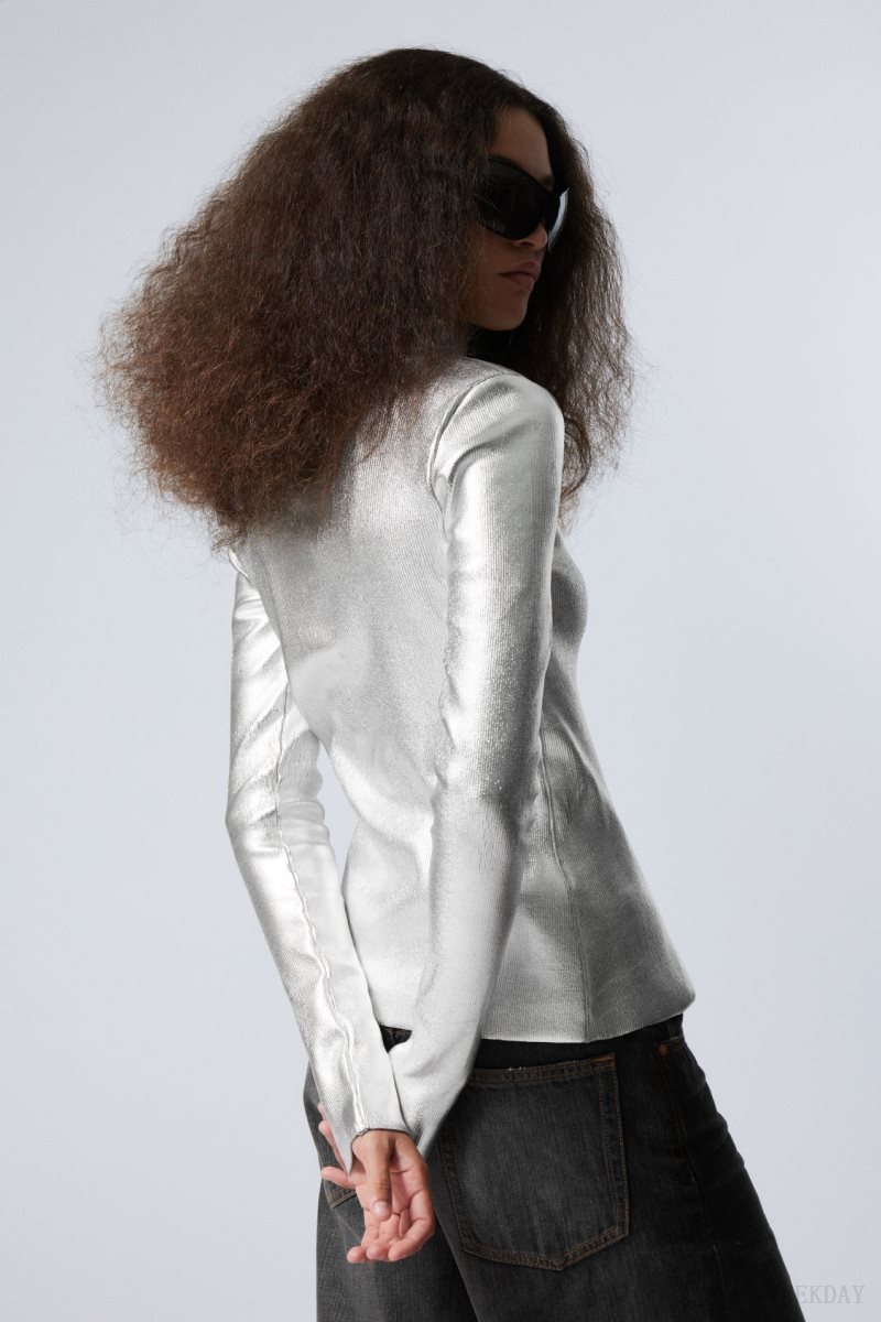 Weekday Angie Silver Coated Longsleeve Cardigan Silver | NWLG2516