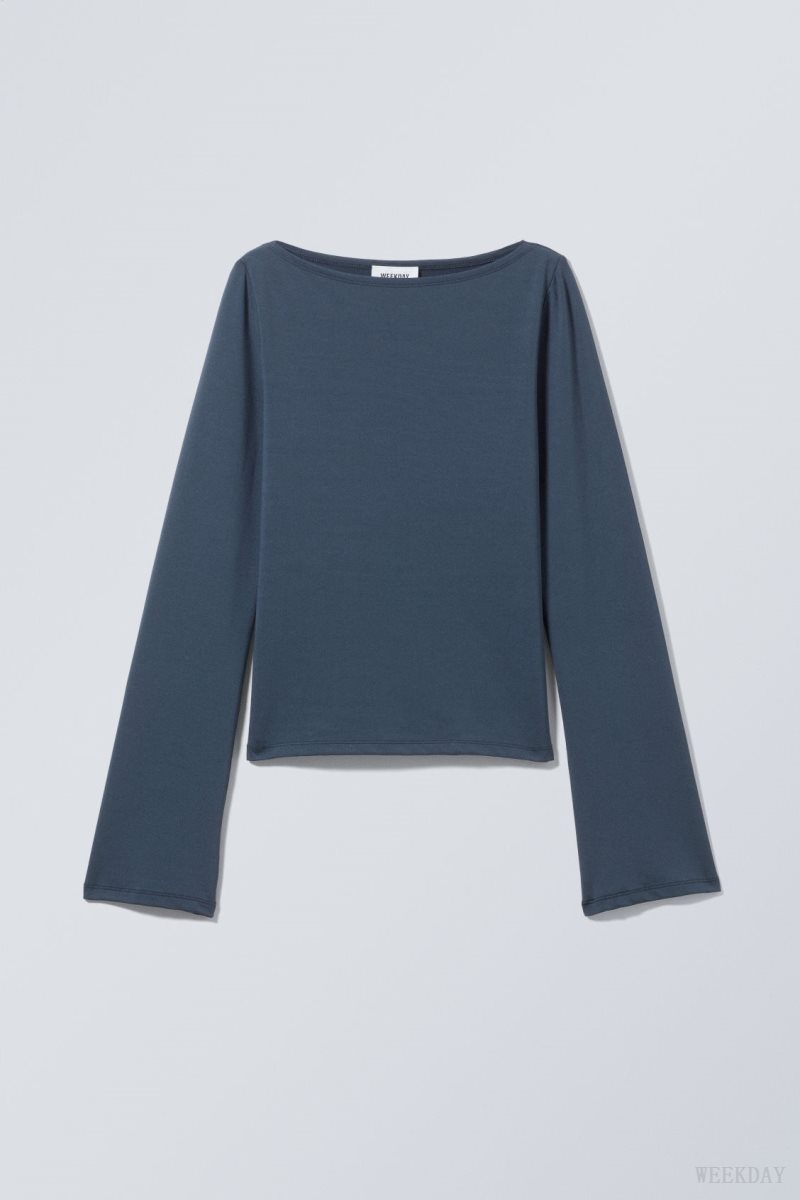 Weekday Annie Boatneck Long Sleeve Top Dark Blue | YROG9111