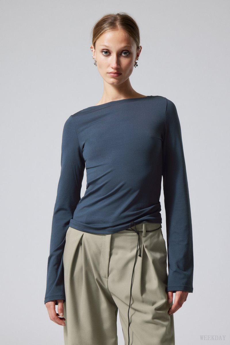 Weekday Annie Boatneck Long Sleeve Top Dark Blue | YROG9111