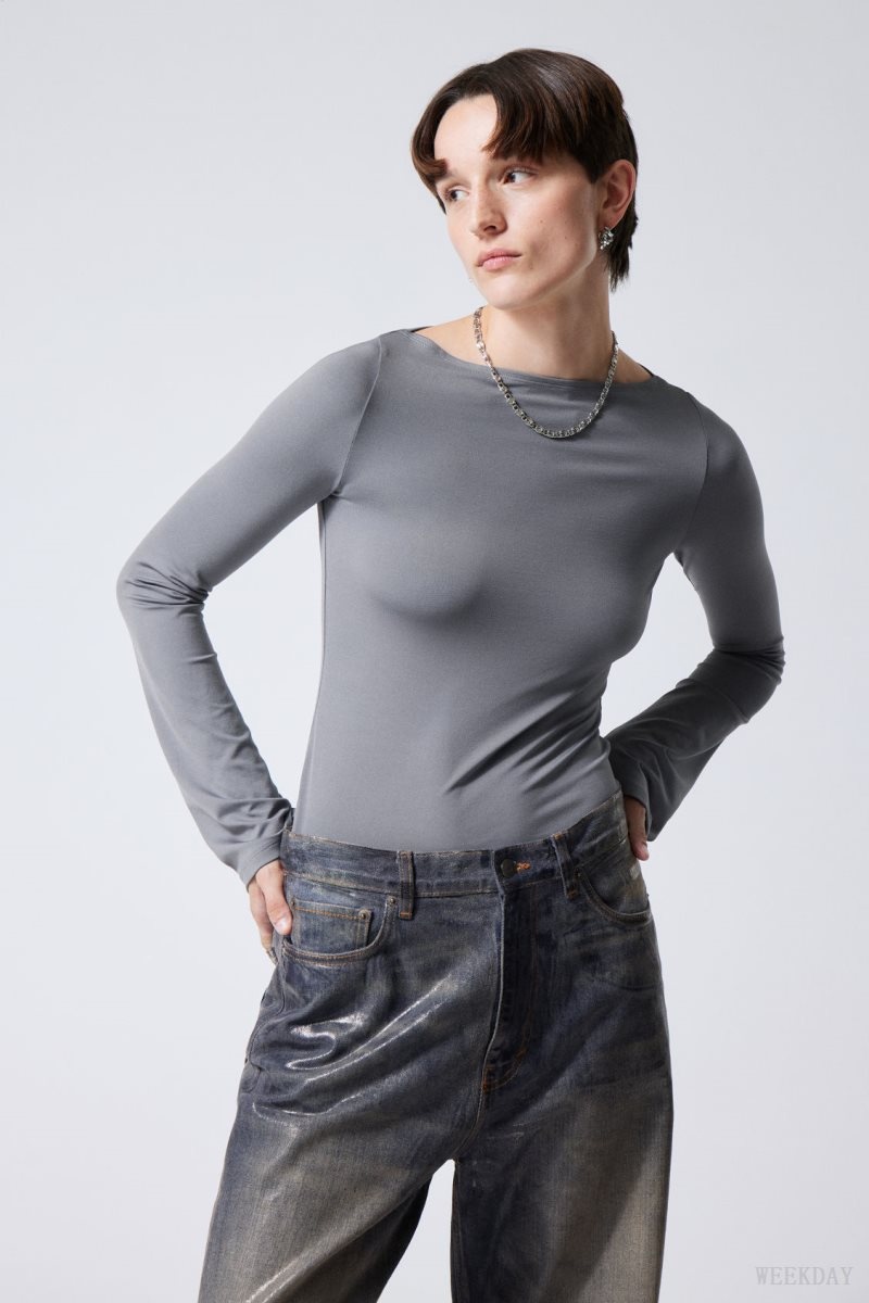 Weekday Annie Boatneck Long Sleeve Top Dark Grey | OYQW0727