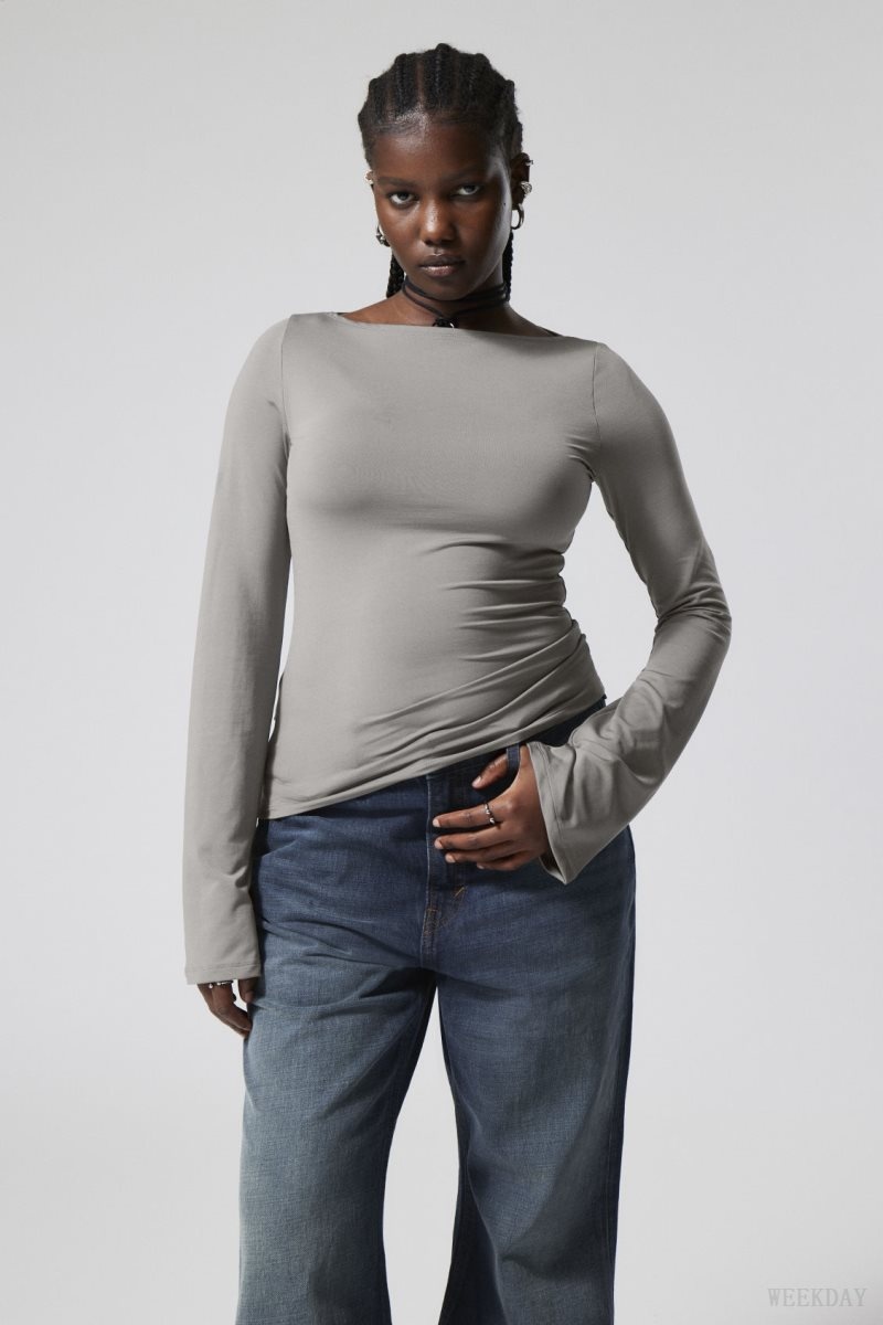 Weekday Annie Boatneck Long Sleeve Top Grey | FGKB8802