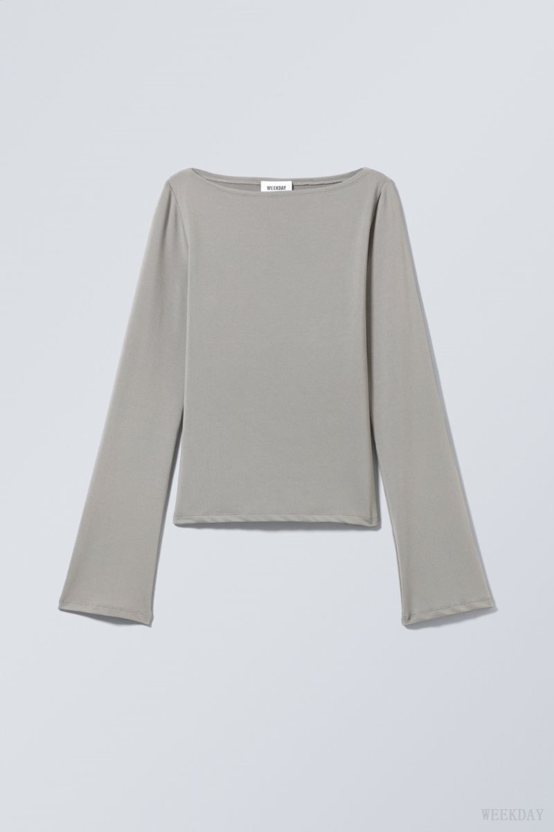 Weekday Annie Boatneck Long Sleeve Top Grey | FGKB8802