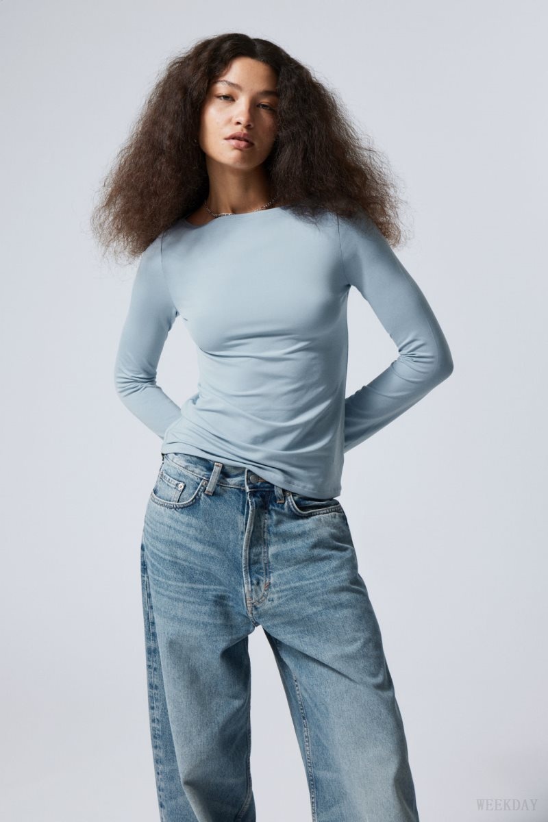 Weekday Annie Boatneck Long Sleeve Top Light Blue | WZOC0827