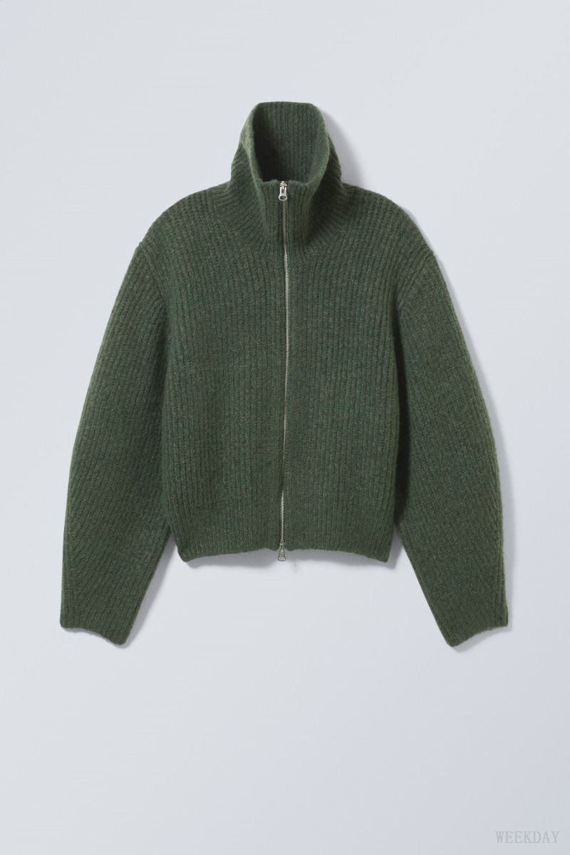 Weekday Bea Zip Cardigan Dark Green | AOGK5495