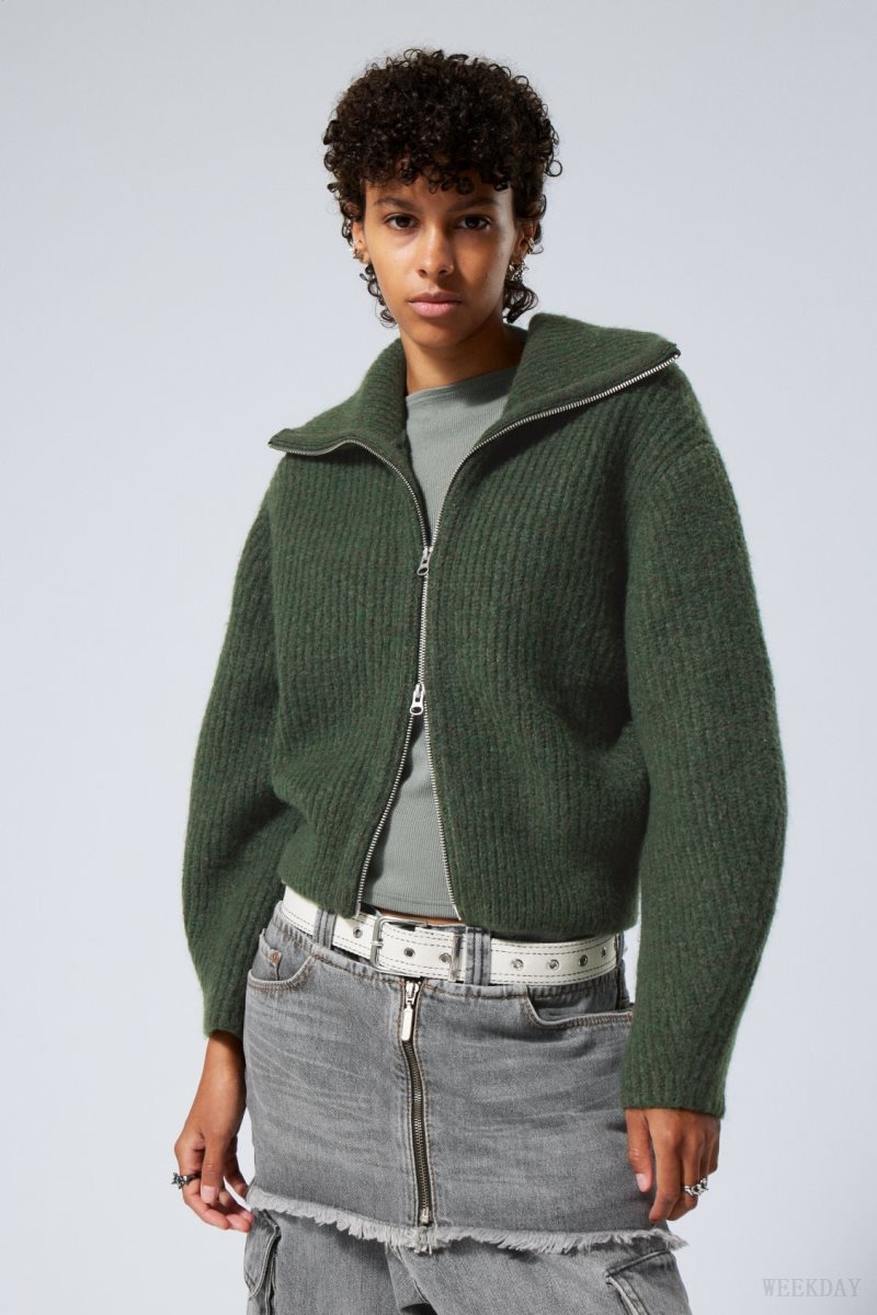 Weekday Bea Zip Cardigan Dark Green | AOGK5495