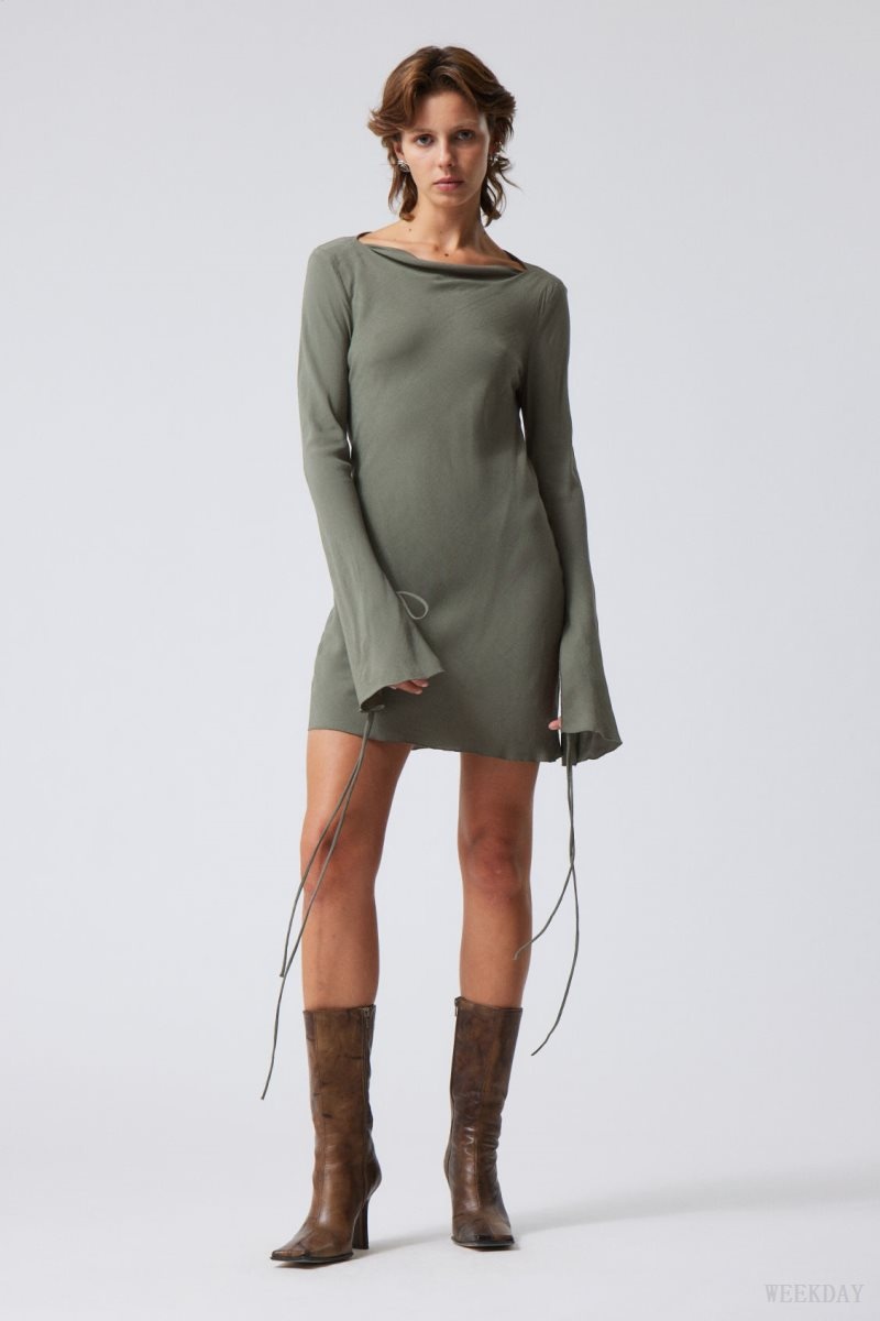 Weekday Bella Mini Dress Khaki Green | TLCG8843