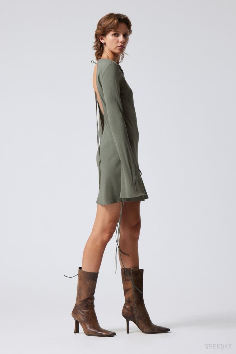 Weekday Bella Mini Dress Khaki Green | TLCG8843