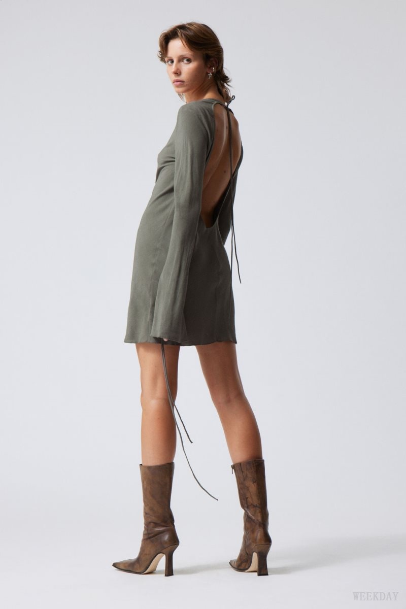 Weekday Bella Mini Dress Khaki Green | TLCG8843