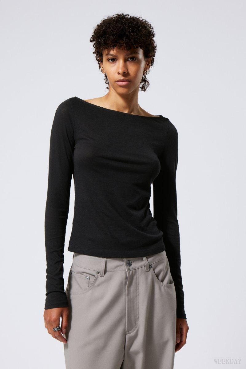 Weekday Boatneck Fitted Long Sleeve Top Black | QKZT7542