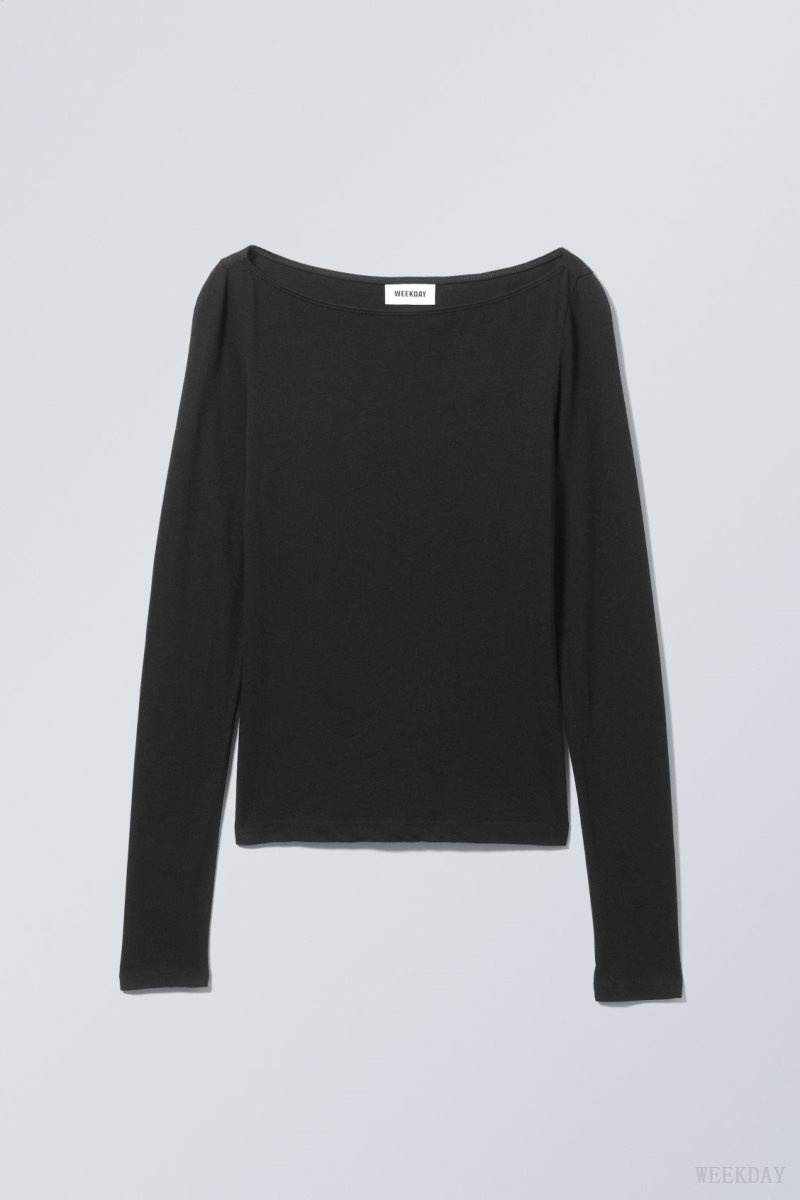 Weekday Boatneck Fitted Long Sleeve Top Black | QKZT7542