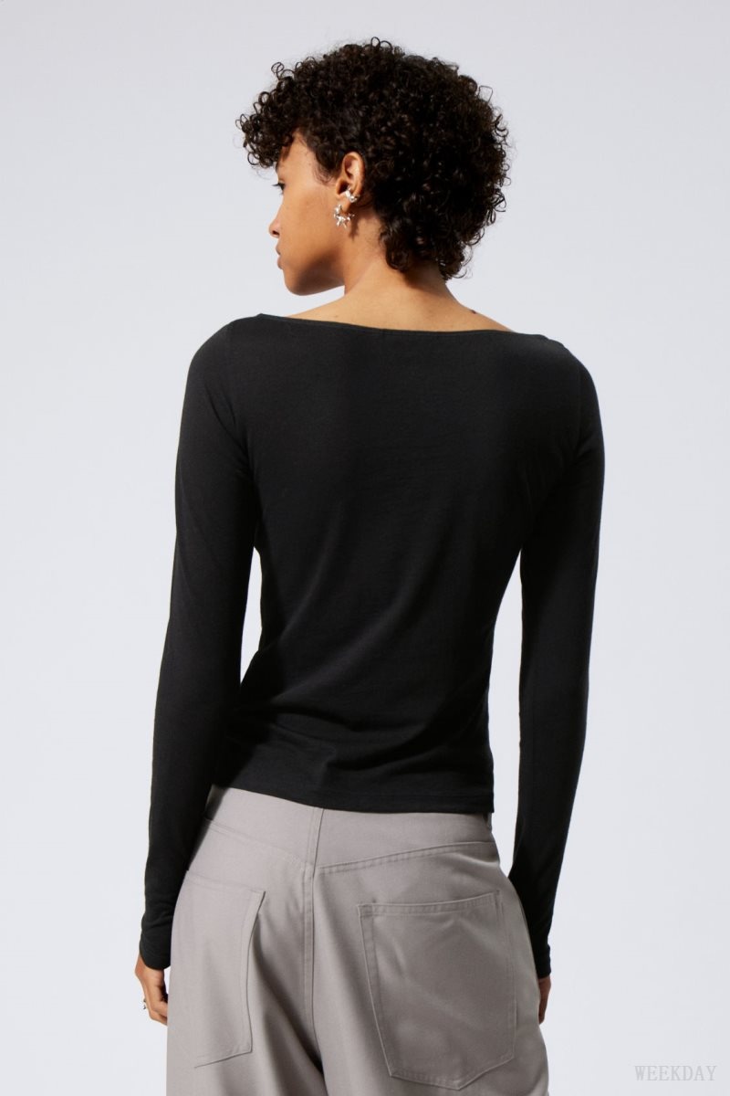 Weekday Boatneck Fitted Long Sleeve Top Black | QKZT7542