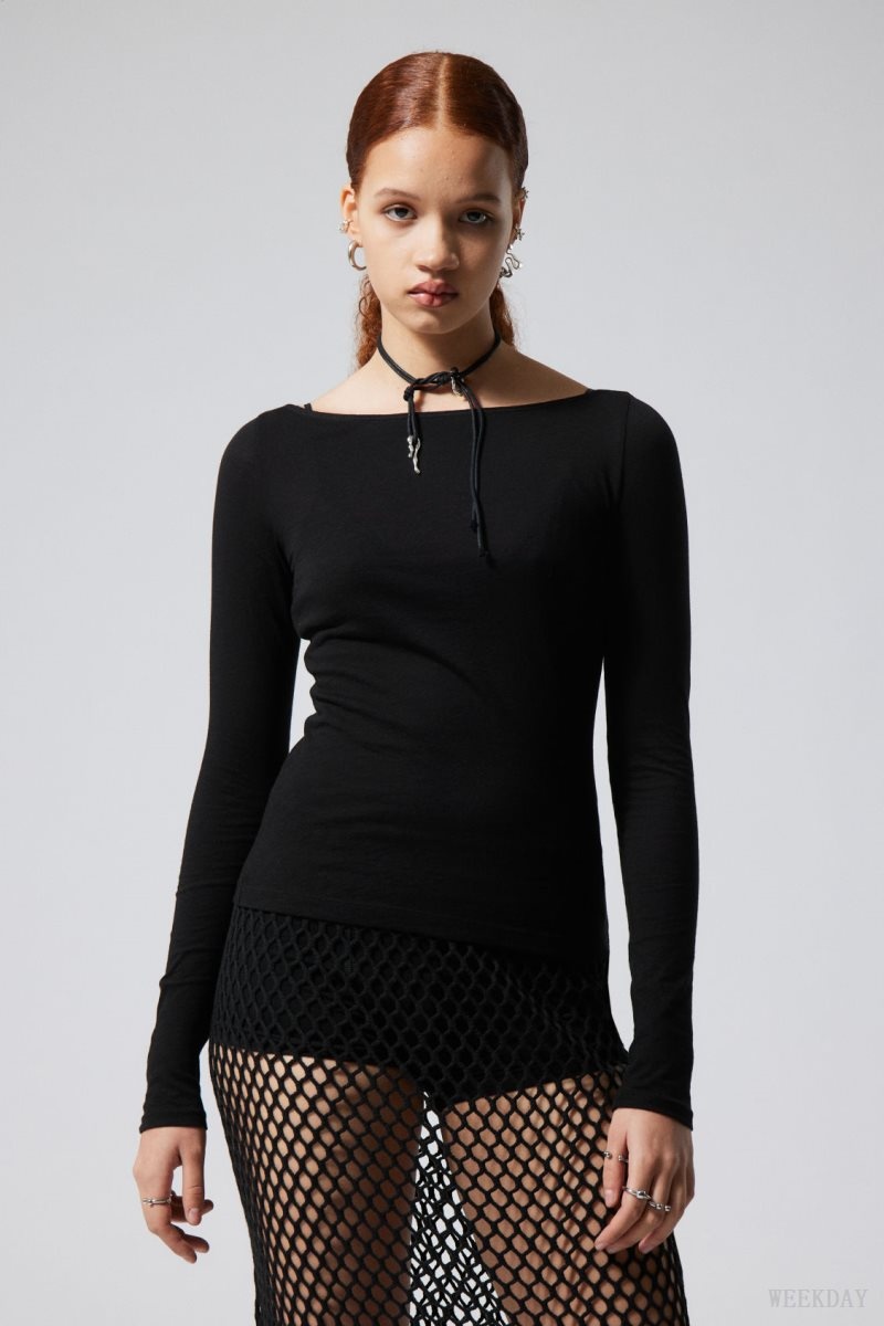 Weekday Boatneck Fitted Long Sleeve Top Black | QKZT7542