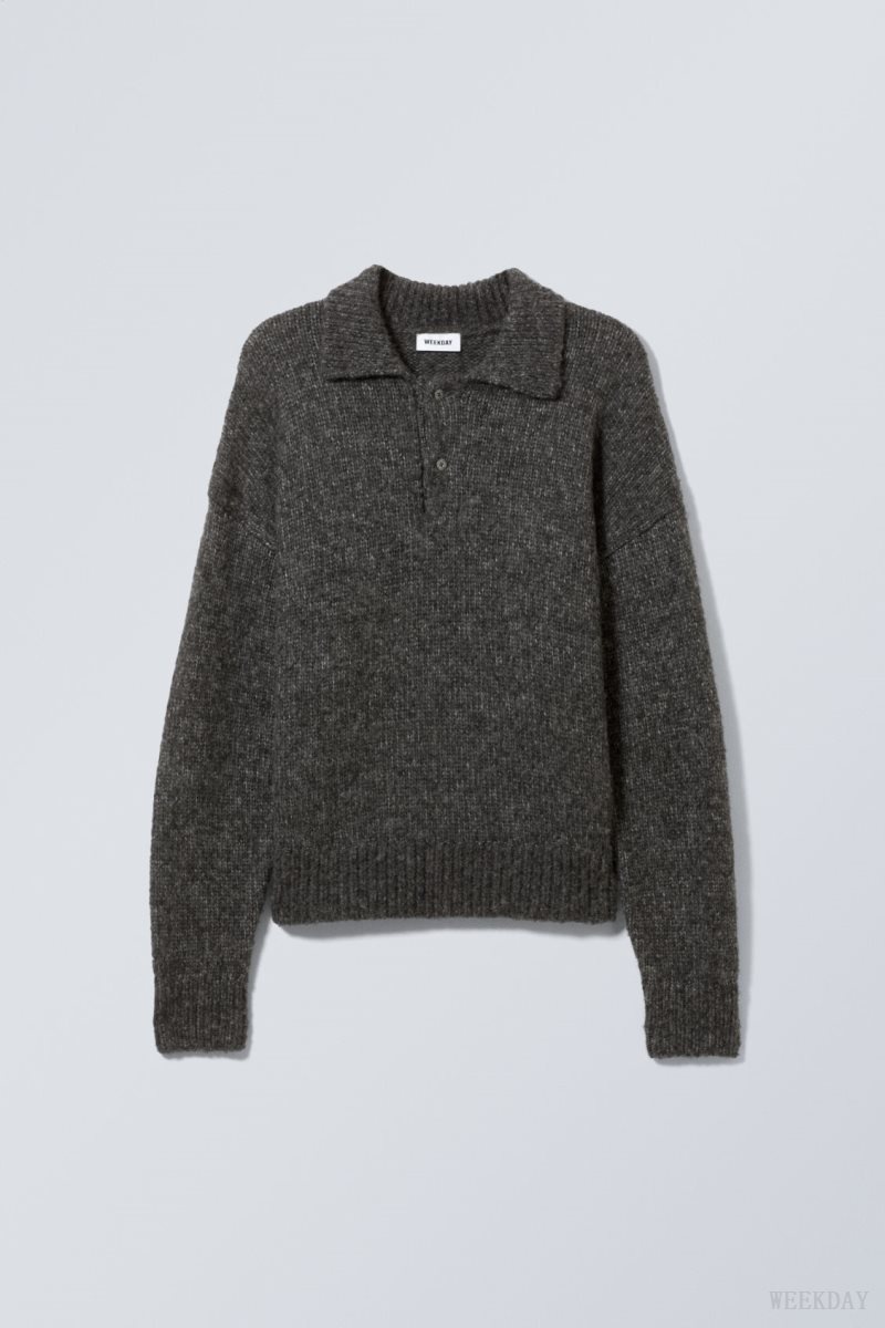 Weekday Bobby Relaxed Knitted Polo Sweater Dark Grey | PLNR5417