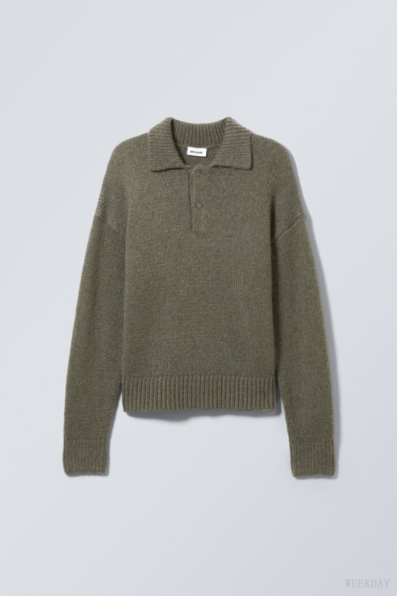 Weekday Bobby Relaxed Knitted Polo Sweater Khaki Green | NWQU0848