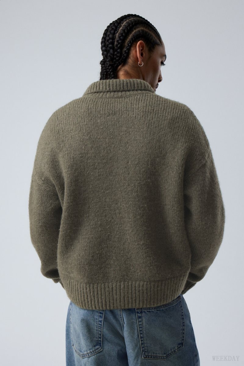 Weekday Bobby Relaxed Knitted Polo Sweater Khaki Green | NWQU0848