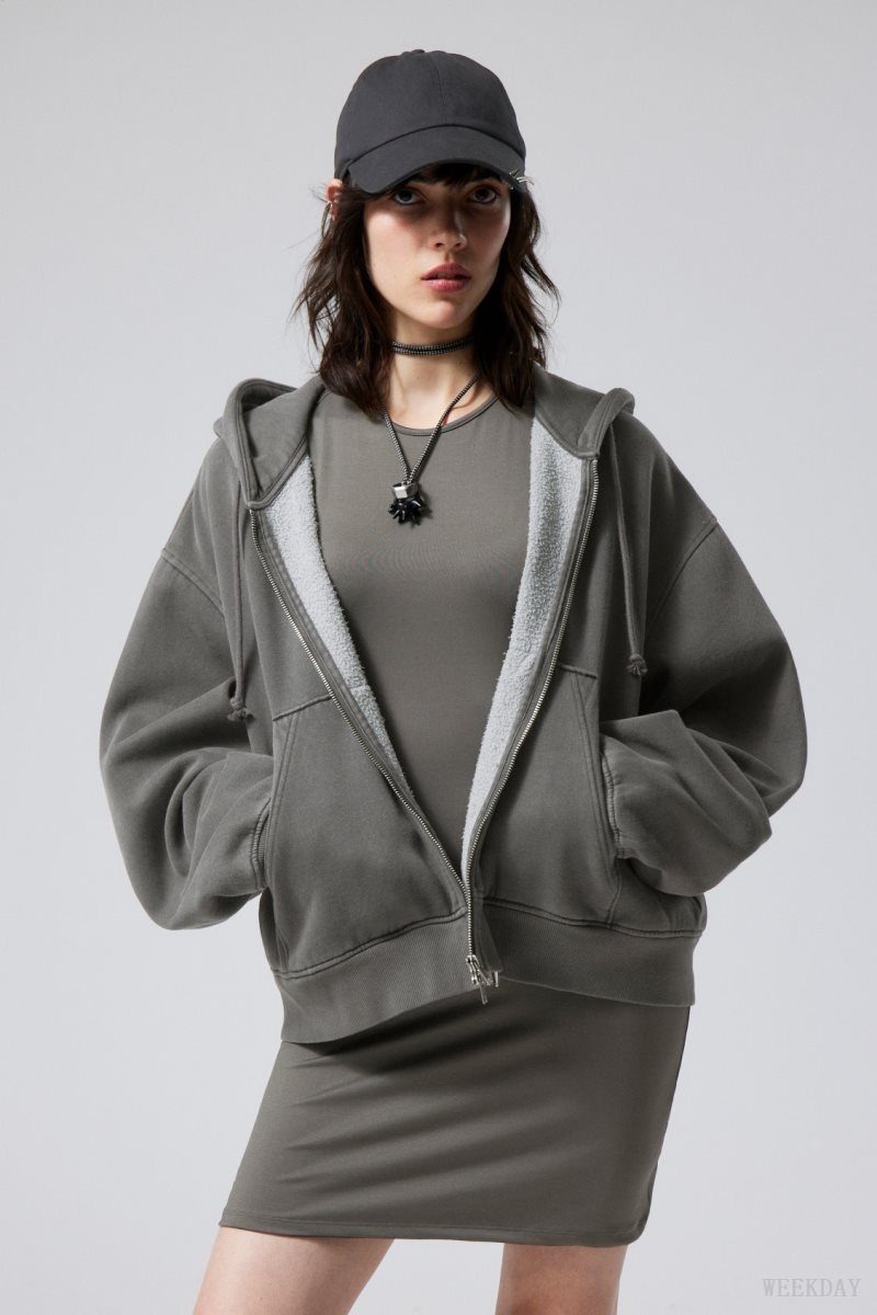 Weekday Boxy Heavyweight Zip Hoodie Dark Grey | UIVC0837