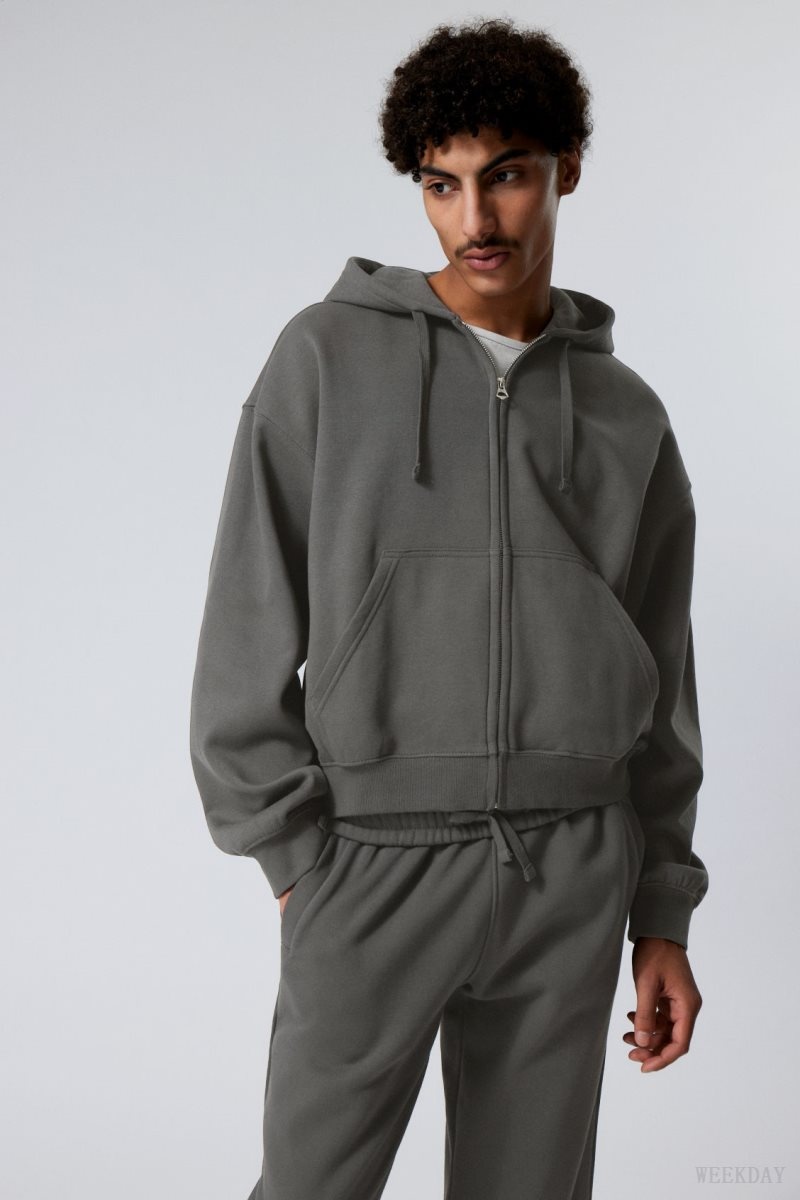 Weekday Boxy Midweight Zip Hoodie Grey | WJCC6478