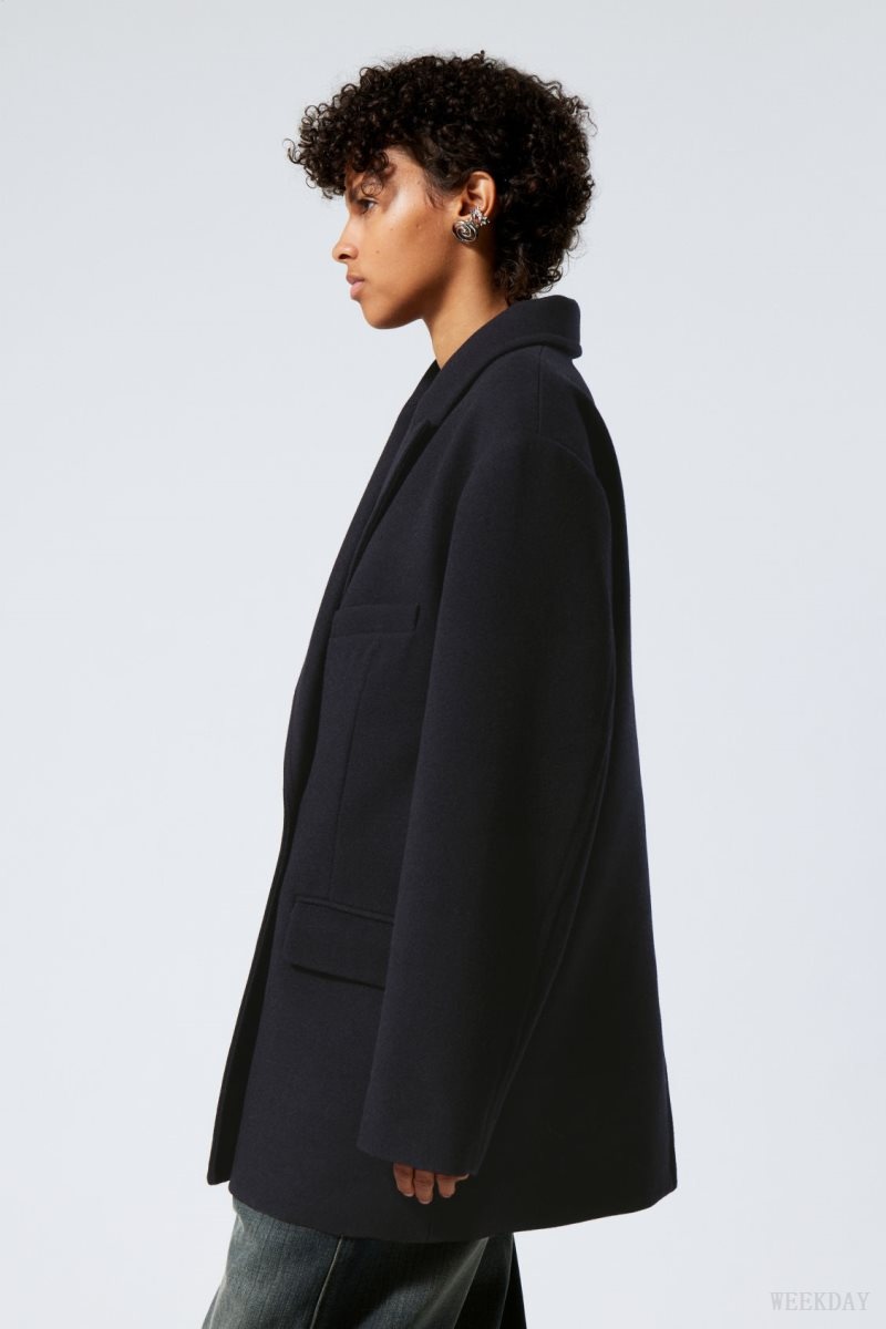 Weekday Carla Oversized Wool Blend Jacket Navy | YDWZ6943