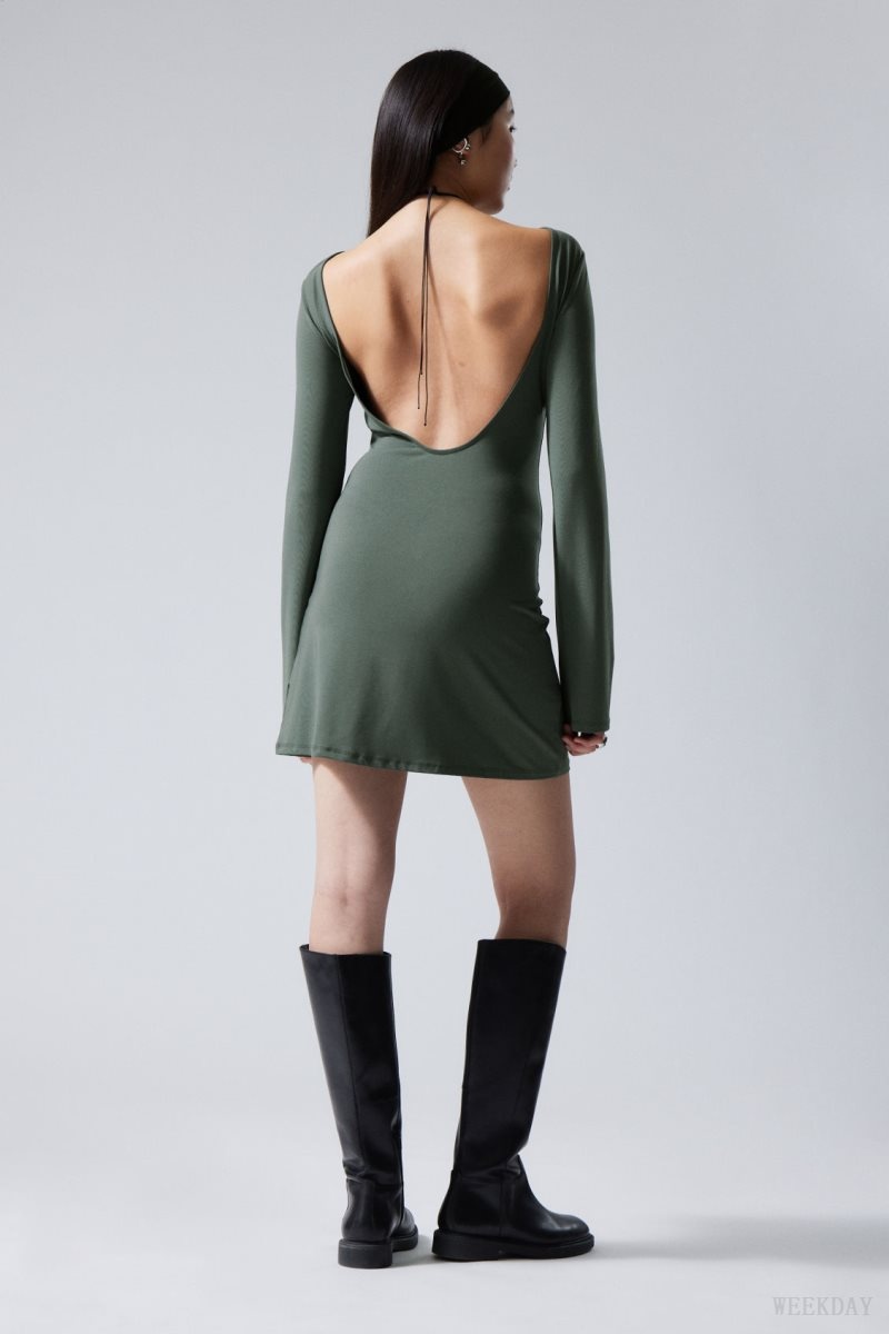 Weekday Clair Open Back Mini Dress Green | YUZF0463