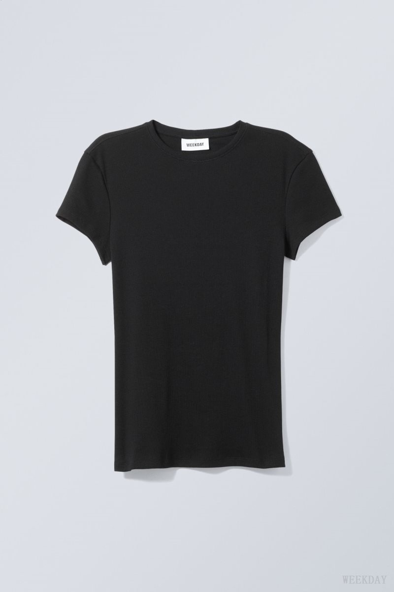 Weekday Close Fitted Rib T-Shirt Black | EQWC8587