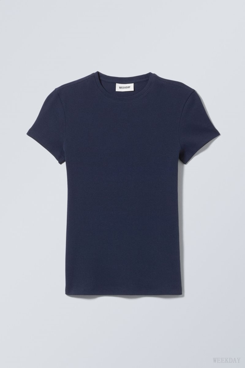 Weekday Close Fitted Rib T-Shirt Dark Blue | VYCC5465