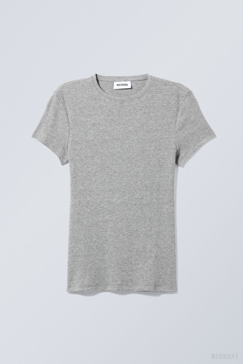 Weekday Close Fitted Rib T-Shirt Grey | DULO0132