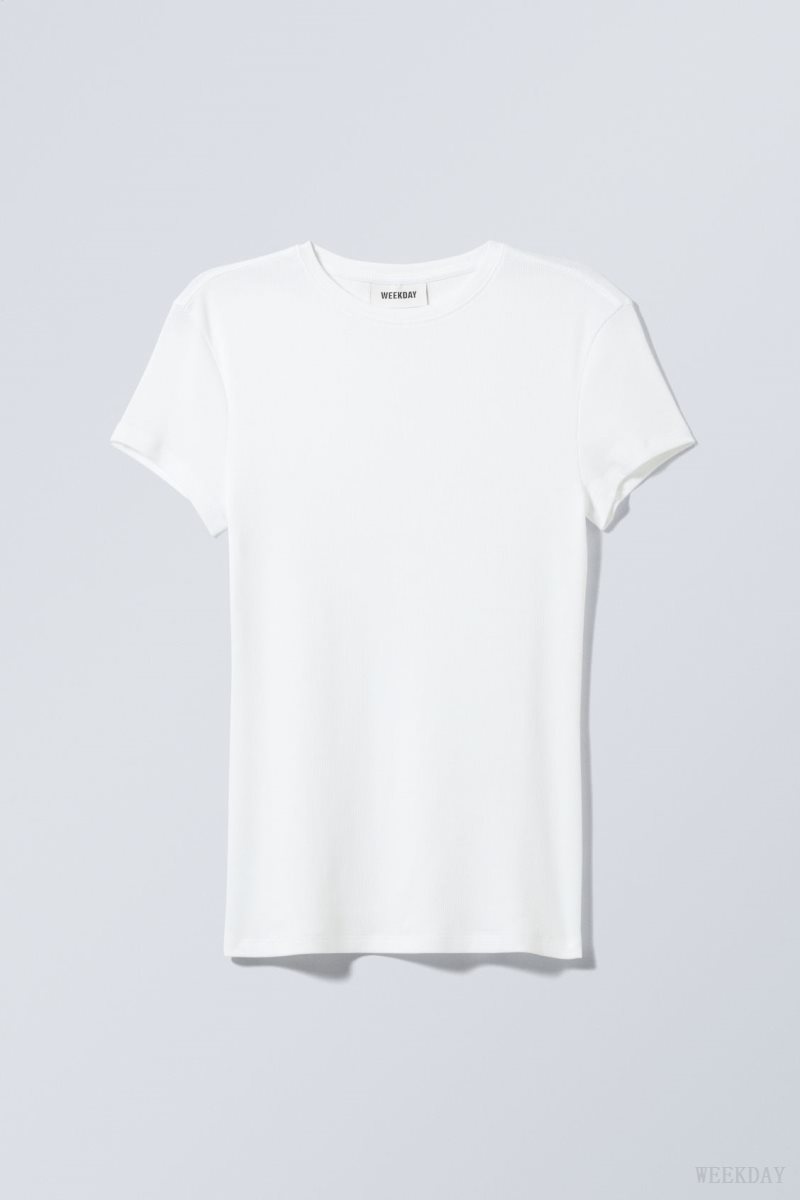 Weekday Close Fitted Rib T-Shirt White | XWCG9186