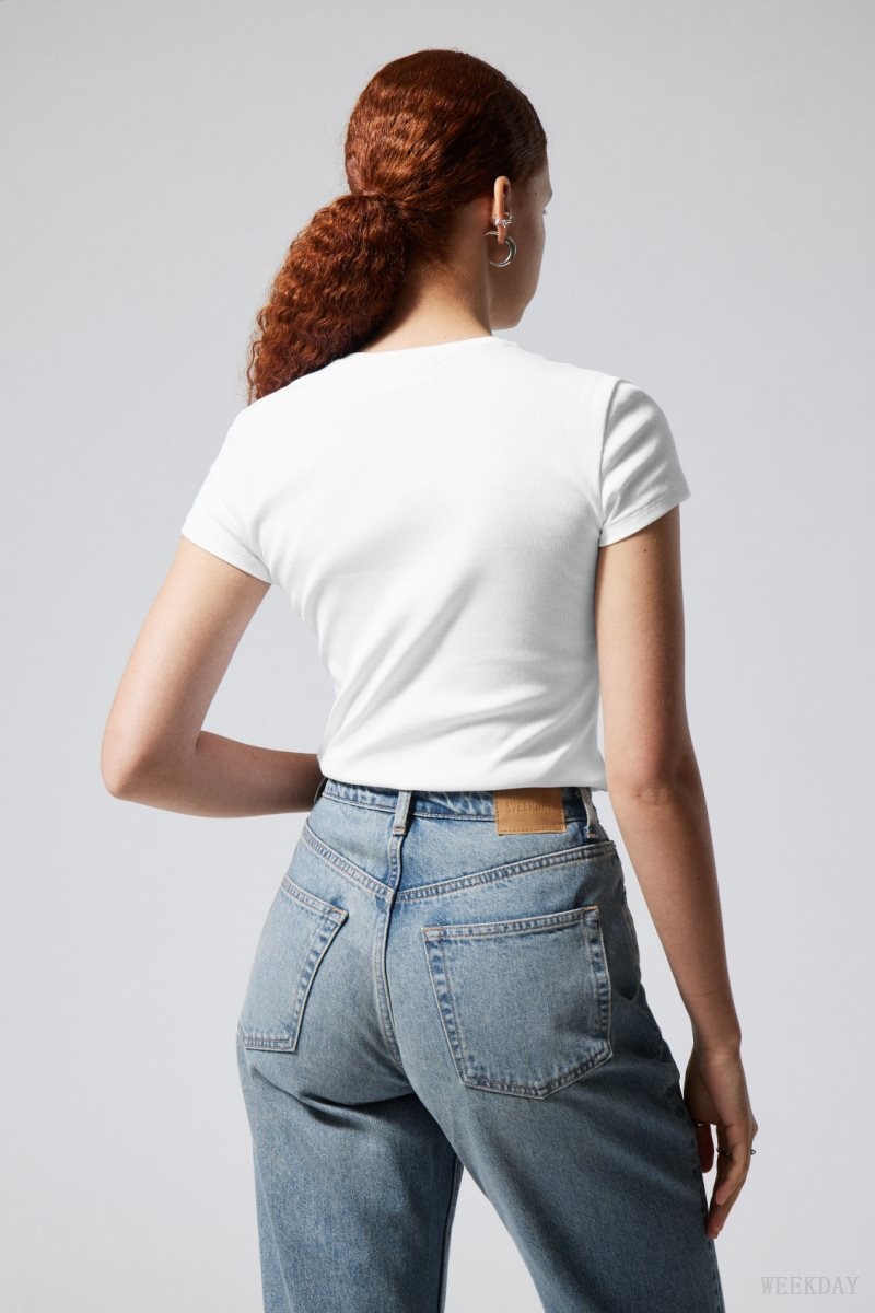 Weekday Close Fitted Rib T-Shirt White | XWCG9186