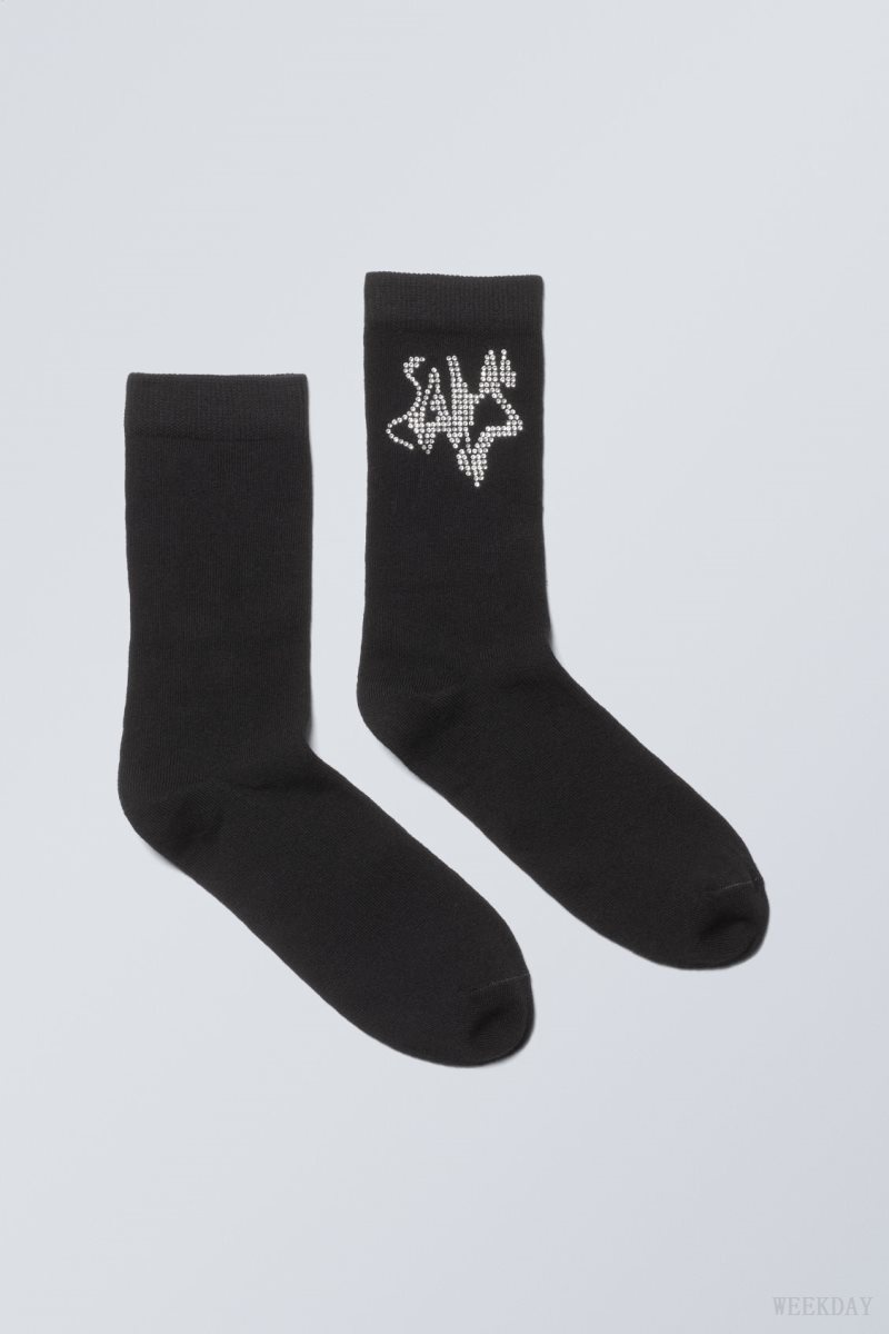 Weekday Cotton Rhinestone Socks Black | AXWC8714