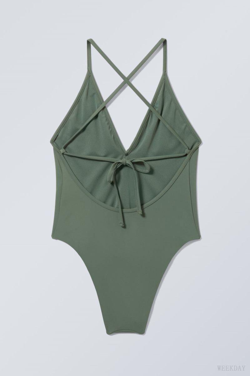 Weekday Deep V-neck Swimsuit Green | CDSN5240